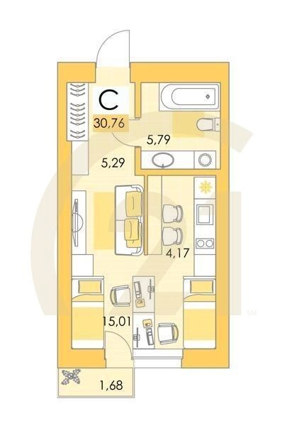 Студия, 30.4 м², 16 этаж