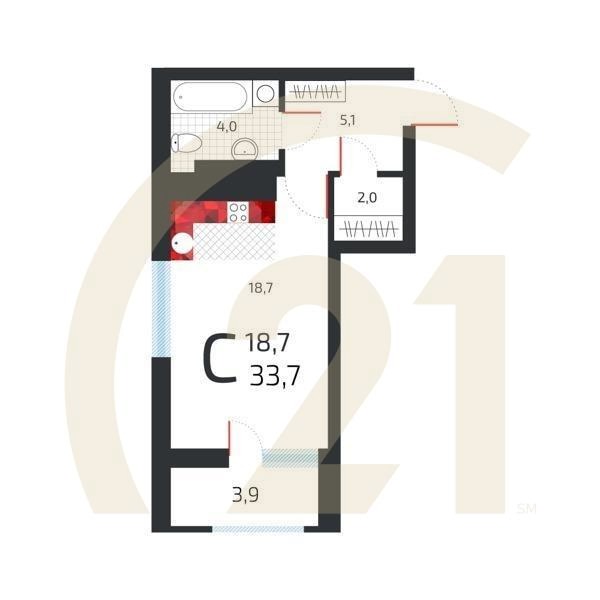 Студия, 33.7 м², 22 этаж
