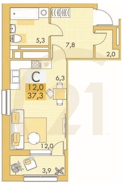 Студия, 36.3 м², 21 этаж