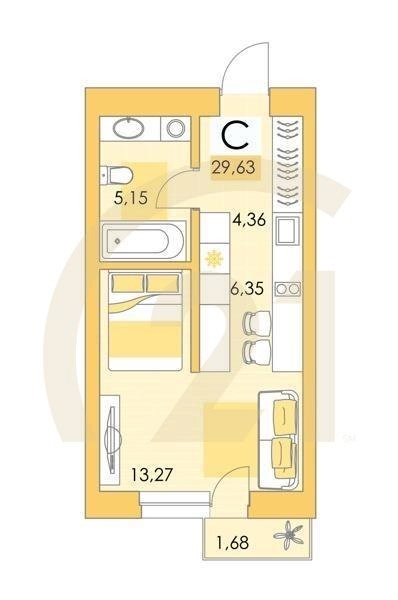 Студия, 29.4 м², 16-22 этаж
