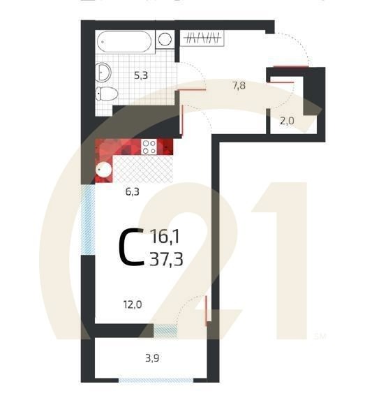 Студия, 36.4 м², 22 этаж