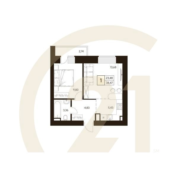 1-комн, 38.47 м², 3 этаж