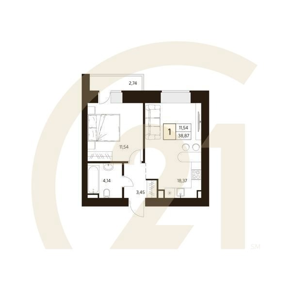 1-комн, 38.87 м², 9-10 этаж