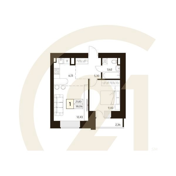 1-комн, 38.06 м², 1-6 этаж