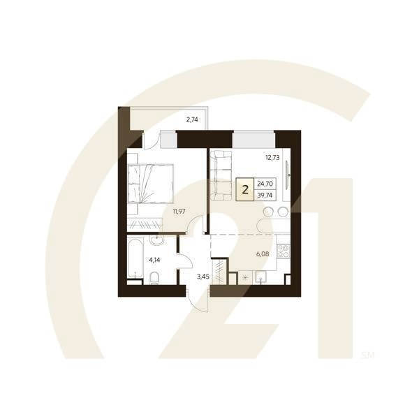 2-комн, 39.74 м², 11-16 этаж