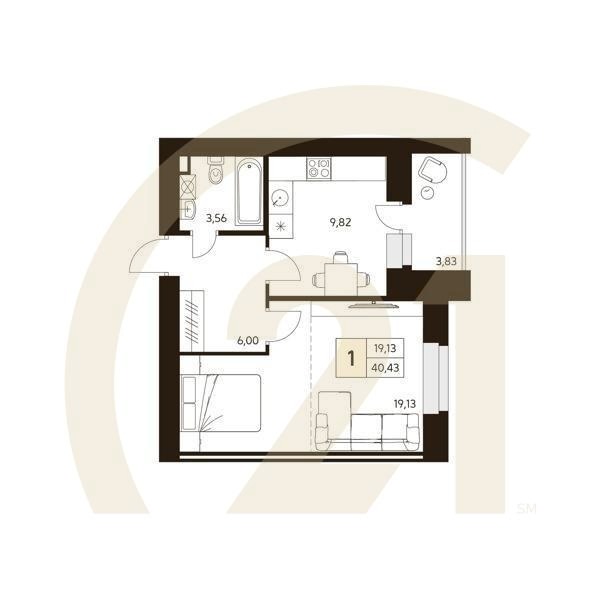 1-комн, 40.43 м², 8-10 этаж