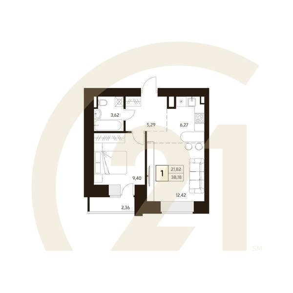 1-комн, 38.18 м², 1-6 этаж