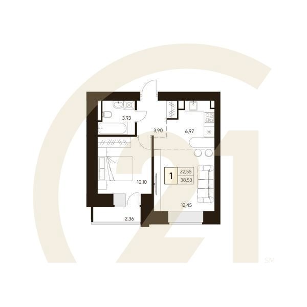 1-комн, 38.53 м², 9-10 этаж