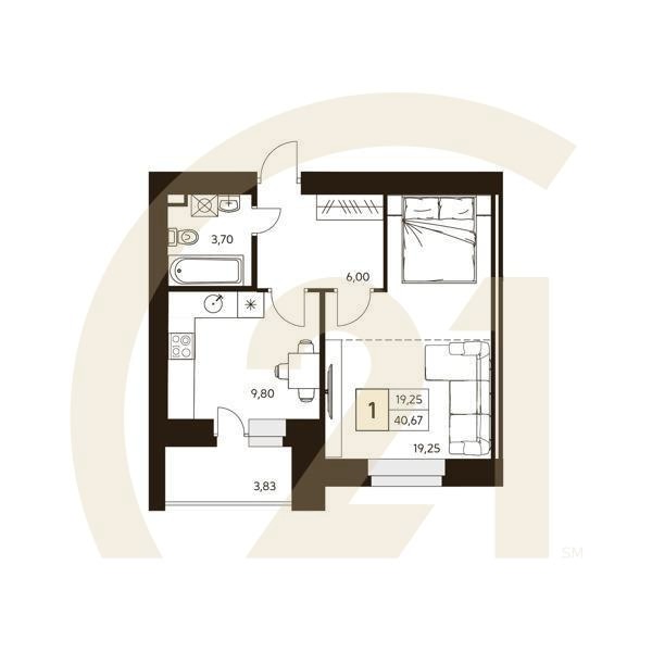 1-комн, 40.67 м², 8-10 этаж