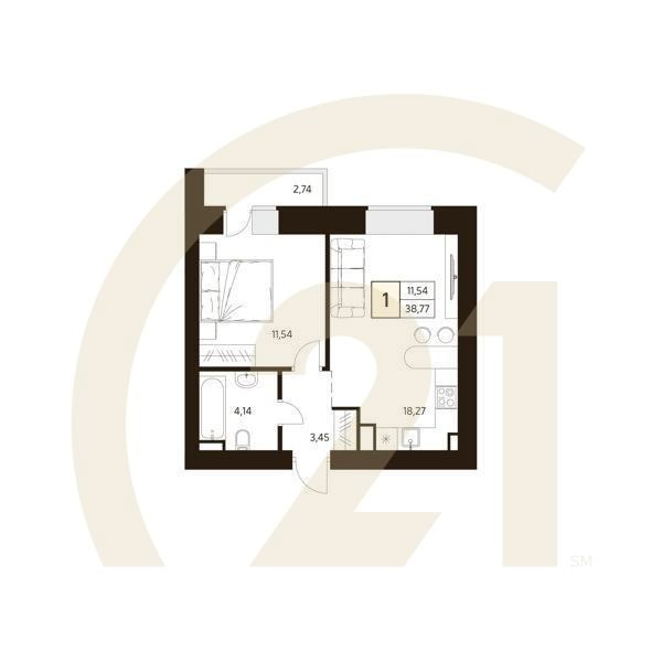1-комн, 38.77 м², 7-8 этаж