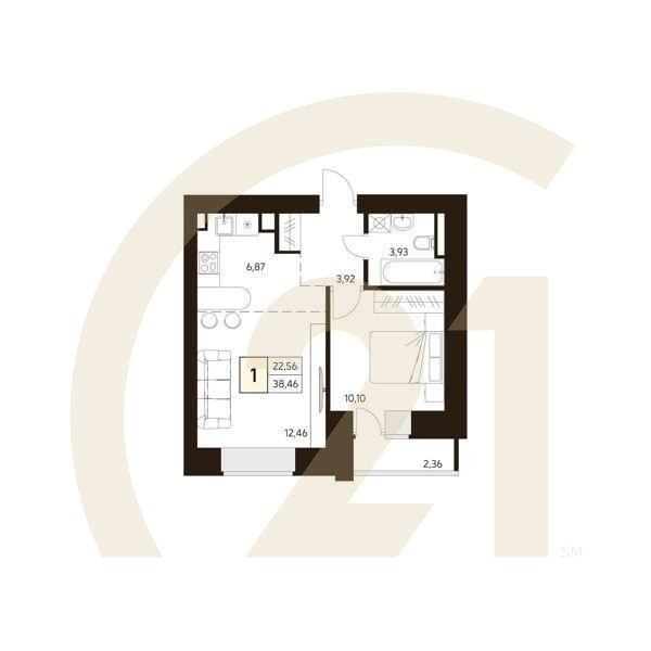 1-комн, 38.46 м², 9-10 этаж