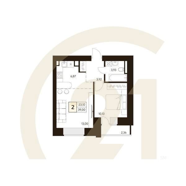 2-комн, 39 м², 11-14 этаж