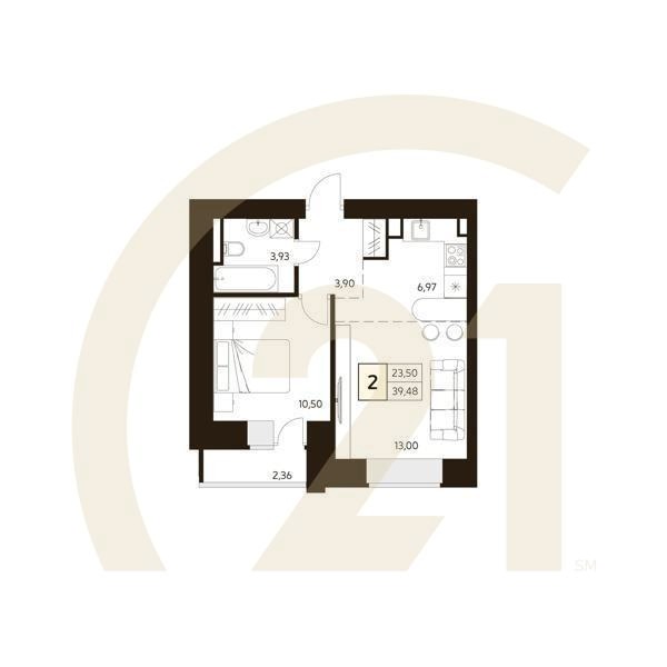 2-комн, 39.48 м², 11-16 этаж