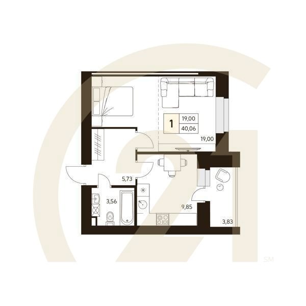 1-комн, 40.06 м², 9 этаж