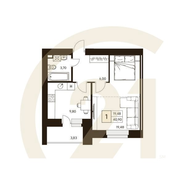 1-комн, 40.9 м², 8-10 этаж
