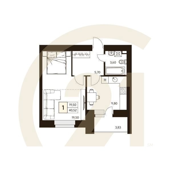 1-комн, 40.52 м², 10 этаж