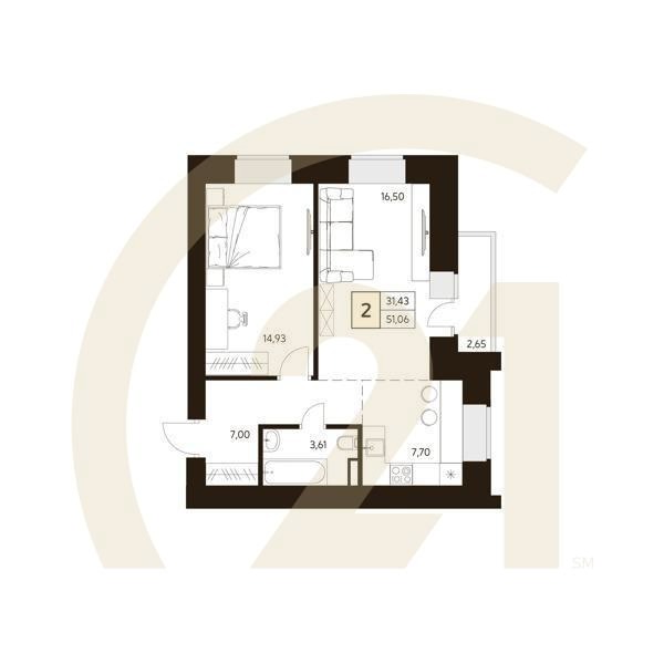 2-комн, 51.06 м², 11-16 этаж