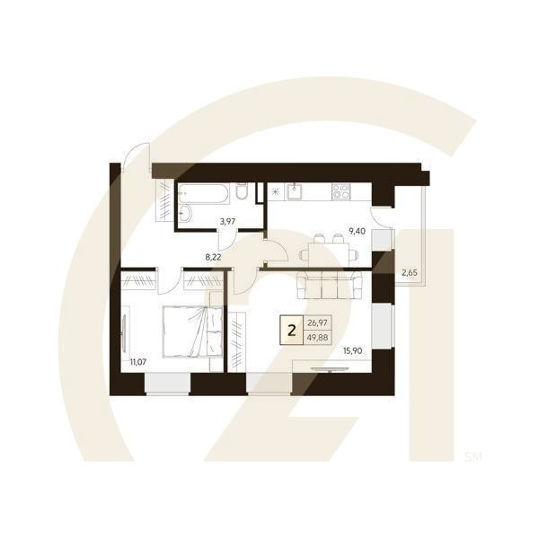 2-комн, 49.88 м², 7-10 этаж