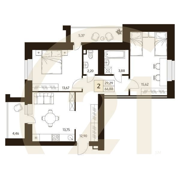 2-комн, 66.88 м², 2-10 этаж