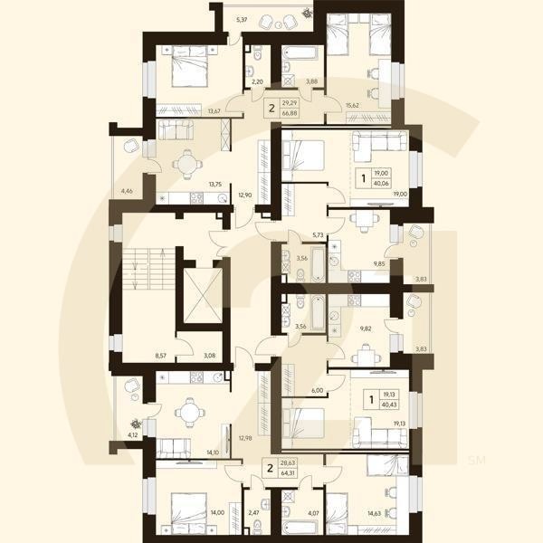 2-комн, 66.88 м², 2-10 этаж
