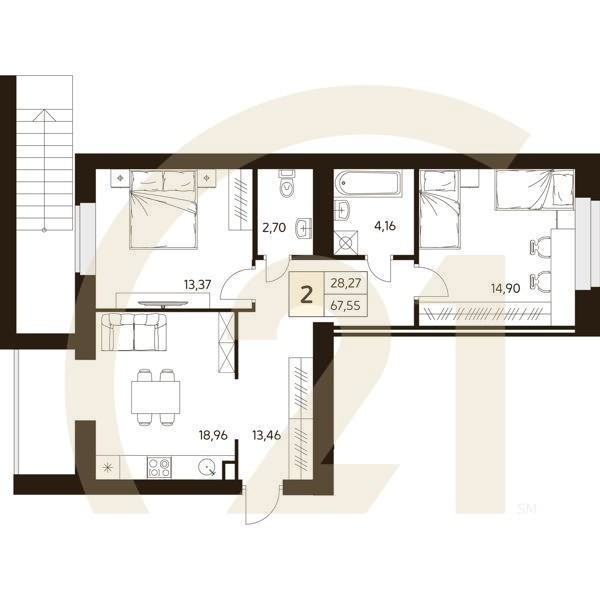 2-комн, 67.55 м², 1 этаж