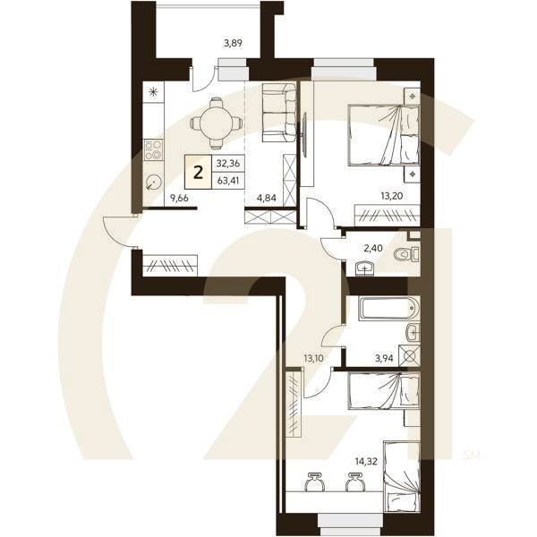2-комн, 63.41 м², 8-10 этаж
