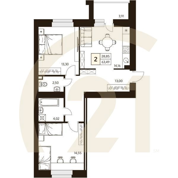 2-комн, 63.49 м², 9 этаж