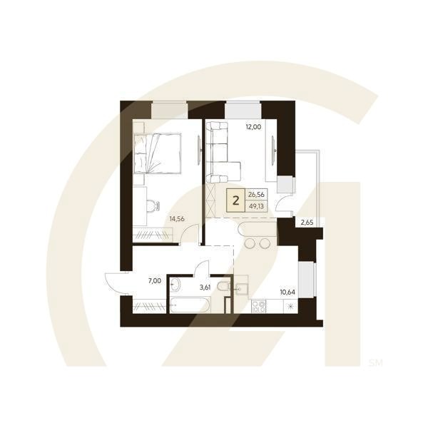 2-комн, 49.13 м², 8-10 этаж