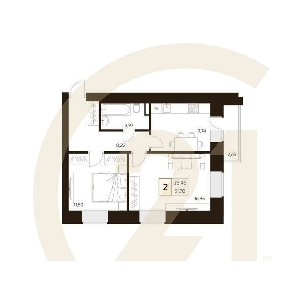 2-комн, 51.7 м², 11-16 этаж