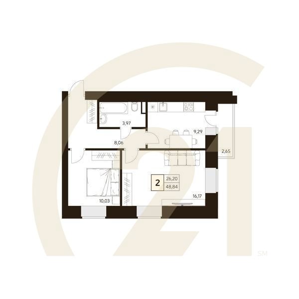 2-комн, 48.84 м², 6 этаж