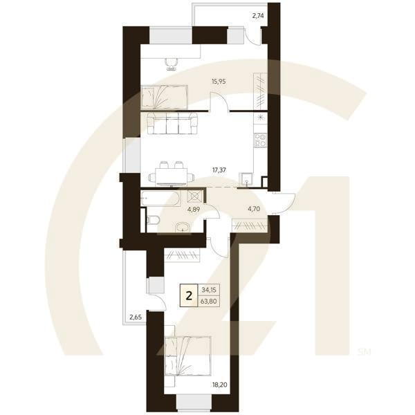 2-комн, 63.8 м², 11-16 этаж