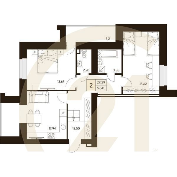 2-комн, 69.41 м², 1 этаж