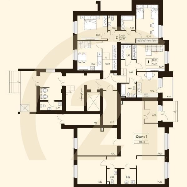 2-комн, 69.41 м², 1 этаж
