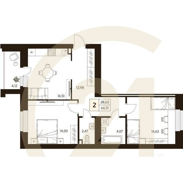 2-комн, 64.31 м², 4-10 этаж