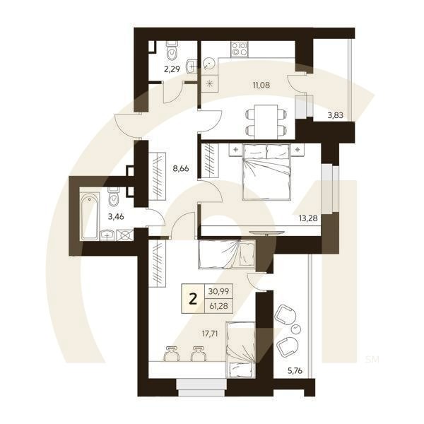 2-комн, 61.28 м², 6-10 этаж
