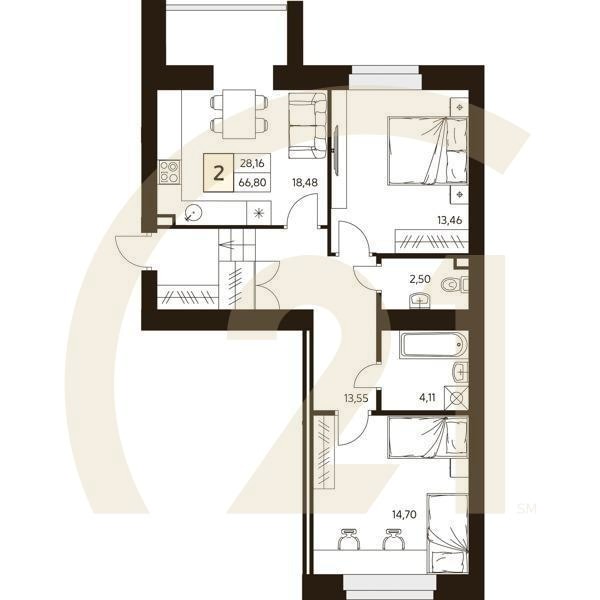 2-комн, 66.8 м², 1 этаж