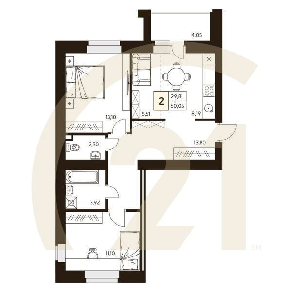 2-комн, 60.05 м², 10 этаж
