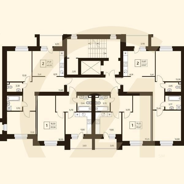 2-комн, 60.05 м², 10 этаж