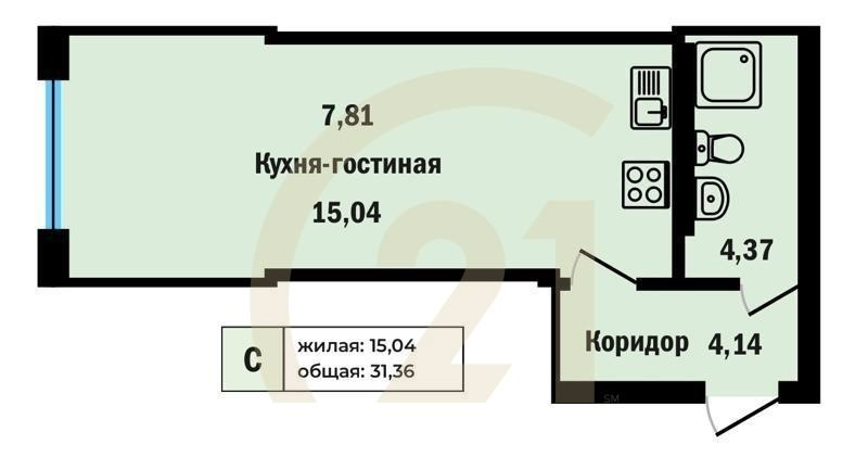 1-комн, 31.36 м², 6-16 этаж