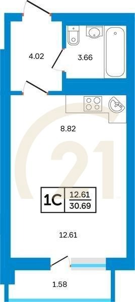 1-комн, 30.69 м², 6-24 этаж