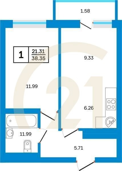 1-комн, 38.35 м², 11-22 этаж