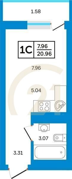 1-комн, 20.96 м², 18-22 этаж