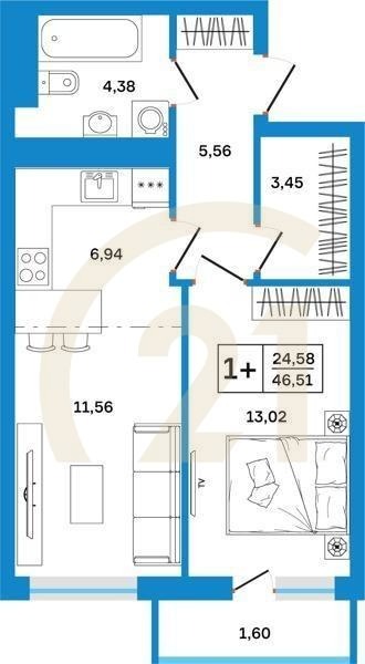 1-комн, 46.51 м², 2-26 этаж