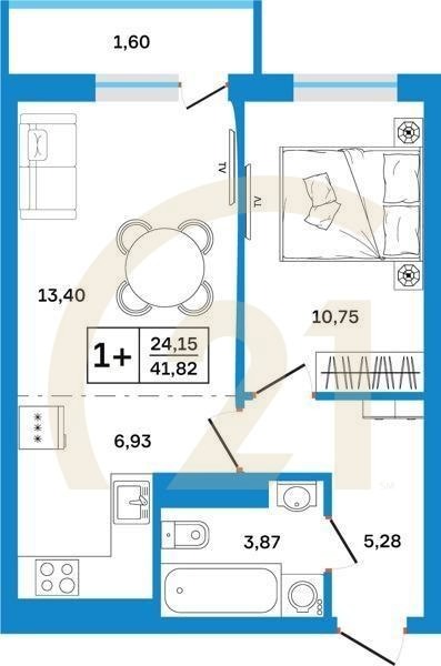 1-комн, 41.82 м², 3-26 этаж