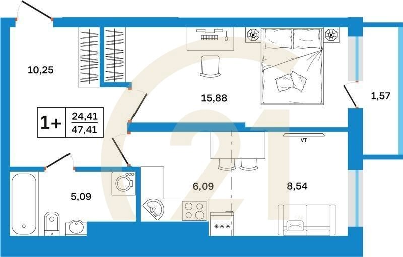 1-комн, 47.41 м², 6-26 этаж