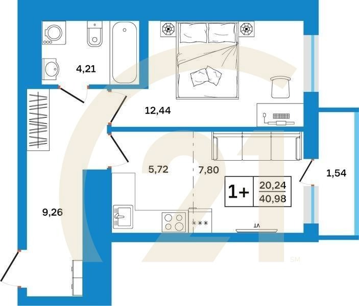 1-комн, 40.98 м², 7-26 этаж