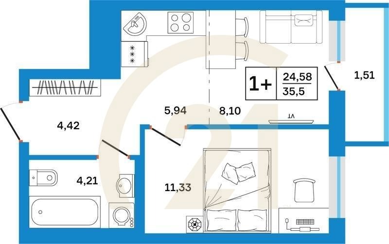 1-комн, 35.5 м², 8-26 этаж