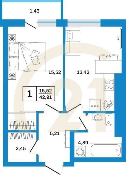 1-комн, 42.91 м², 11-26 этаж
