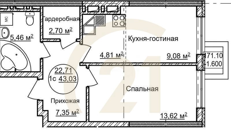 1-комн, 43.03 м², 1 этаж