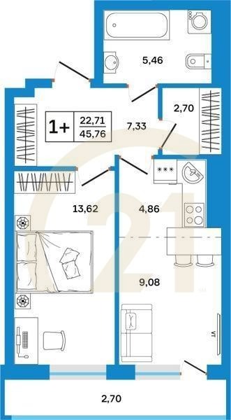 1-комн, 45.76 м², 2-26 этаж